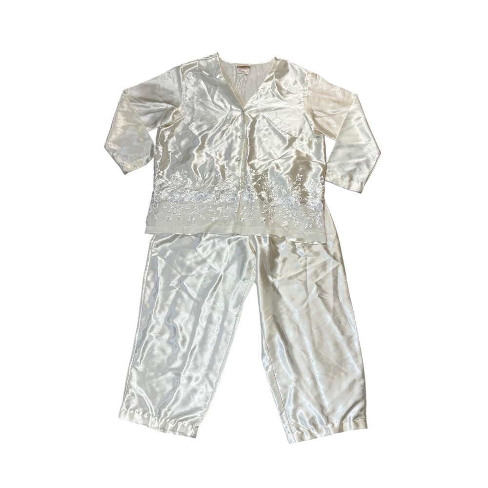 VTG Inner Most Ivory Satin Pajama Set Floral Embroidered Mesh Hem Large  Bridal